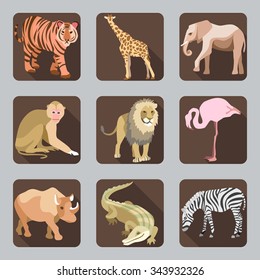 Vector Icon set with silhouettes of African wild animals on brown buttons. Tiger, giraffe, flamingo, elephant, monkey, lion, rhino, crocodile, zebra