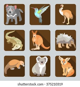 Vector Icon set with silhouettes of Australian wild animals on brown buttons. Tasmanian devil, hummingbirds, emu, crocodile, kangaroos, 
porcupine, platypus, koala, in flat design cartoon style.