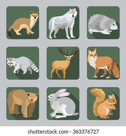 Vector Icon set with silhouettes of Europe forests animals on green buttons. Hedgehog, mink, wolf, raccoon, deer, fox, bear, squirrel and rabbit in flat design cartoon style.