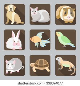 Vector Icon set with silhouettes of pets on brown buttons. Dog, cat, guinea pig, rabbit, fish, parrot, rat, turtle and iguana in flat design cartoon style.