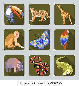 Vector Icon set with silhouettes of Tropic wild animals on green buttons. Toucan, leopard, giraffe, butterfly, parrot, hippo, python, monkey, crocodile in flat design cartoon style.