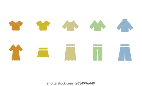 A vector icon set of silhouettes of various clothes. A set of 10 icons including short-sleeved and long-sleeved shirts, skirts, dresses, and pants. Colors include orange, yellow, green, and blue.