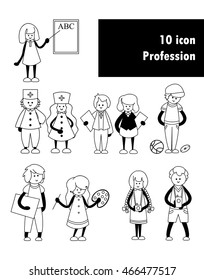 Vector icon set. Simple cute people, boys and girls, men and woman, with different professions. Artists, photographers, medical doctor, nurse, teacher, coach, managers couple. School poster