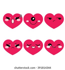 Vector Icon set. Simple hearts with muzzles. Funny, cute, kawaii, sweet emotions, smiles. Isolated on white background. Flat cartoon style. 