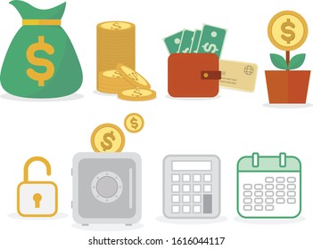 
Vector icon set, simple isolated, vector dollar sign, credit card, dollar, investment, purse, safe box, calculator, saving.