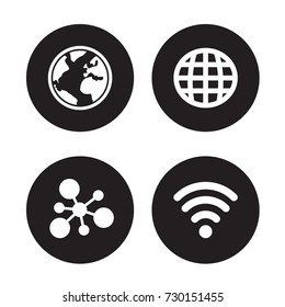 Vector icon set: simple round flat black network icons - world, connection, WiFi