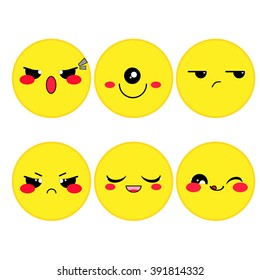 Vector Icon set. Simple smiles with muzzles. Funny, cute, kawaii, sweet emotions. Isolated on white background. Flat cartoon style