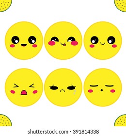 Vector Icon set. Simple smiles with muzzles. Funny, cute, kawaii, sweet emotions. Isolated on white background. Flat cartoon style