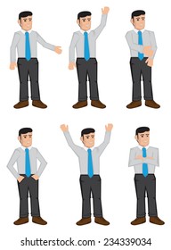 Vector icon set of six full body cartoon white collar male business executives in color isolated on white background 