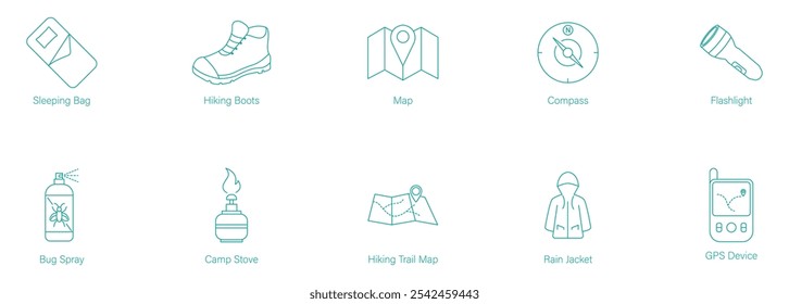 Vector Icon Set of Sleeping Bag, Hiking Boots, Map, Compass, Flashlight, Bug Spray, Camp Stove, Hiking Trail Map, Rain Jacket, and GPS Device for Hiking and Camping