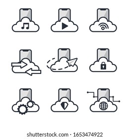 Vector icon set. Smartphone cloud sharing connecting online flat icon