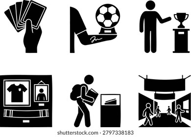 Vector icon set of soccer collectibles, memorabilia, trading cards, signed balls, and museum display.