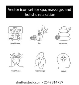 Conjunto de íconos de Vector para spa, masaje y relajación holística. Cuenta con masaje corporal, artículos esenciales de spa, piedras de relajación, masaje de cabeza y pies, y la curación holística.