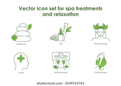 Conjunto de iconos de Vector para tratamientos de spa y relajación. Ilustra masajes, herramientas de spa, piedras de relajación y prácticas de salud holísticas para el cuidado personal y el alivio del estrés.