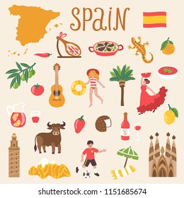 Vector icon set of Spain's symbols. Travel illustration with Spanish landmarks, food, people and symbols. 