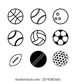 Vector Icon Set of Sports Balls, Basketball, Baseball, Bowling, Tennis, Volleyball, Soccer, American Football,
 Cricket, Golf, Perfect for Sports Design, Apps, Websites, Print Media  
