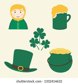 Vector icon set of St. Patrick's day symbols: hat, pot of coins, beer mug, clover, Saint Patrick