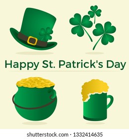 Vector icon set of St. Patrick's day symbols: hat, pot of coins, beer mug, clover, Saint Patrick