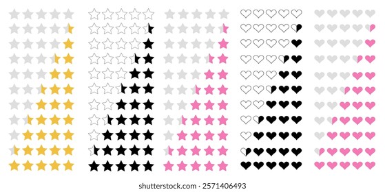 Vector icon set of star and heart symbols. Point rating shapes in yellow and pink. Quality evaluation and review elements for app UI design on white background.