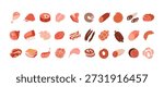 Vector icon set of steak, salami, chorizo, bbq frankfurters sausages, pepperoni. Fresh meat products. Culinary, raw pork, beef steaks, chicken, turkey, bacon, pork belly, ham, poultry, ribs.