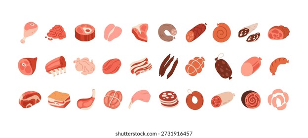 Vector icon set of steak, salami, chorizo, bbq frankfurters sausages, pepperoni. Fresh meat products. Culinary, raw pork, beef steaks, chicken, turkey, bacon, pork belly, ham, poultry, ribs.