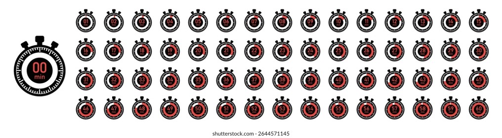 Vector icon set of stopwatch timers labeled from 1 to 60 minutes. Clean, bold, red, black digital style ideal for UI,UX, apps, or fitness trackers.