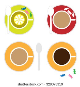 Vector icon set. Stylized cup of tea and coffee with candy and spoon 
