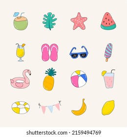 vector icon set summer. such as icon glasses, coconut, popsicles. Isolated background.