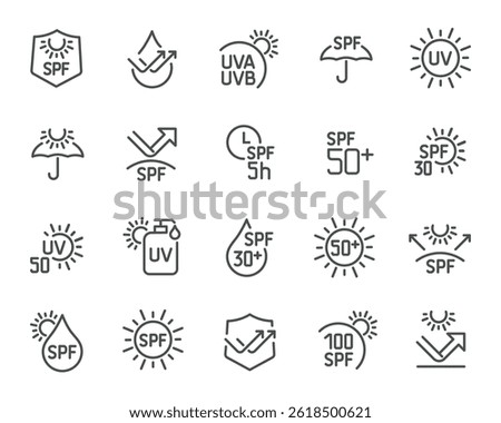 Vector Icon Set for Sun Protection with SPF, UVA, and UVB Levels Contains icons for different UV protection levels, SPF values, and sun-related elements. Icons ready for use.