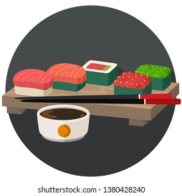 Vector icon set of sushi. Asian fseafood sushi. Sushi illustration with trout fish, tuna, salmon and caviar in flat minimalism style.