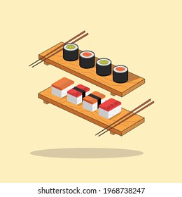 Vector icon set of sushi, sushi on wooden board with chopstick,  suitable for any business related to sushi. fast food restaurants, Korean food, Japanese, chinese food or any other business