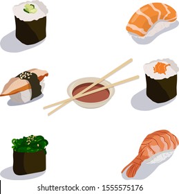 Vector icon set of sushi and sashimi. Asian food sushi on white background with sushi chopsticks and soy sauce. Sushi illustration with salmon and shrimp in flat minimalism style.