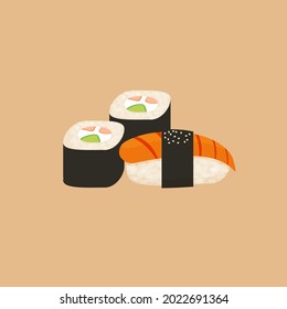 Vector icon set of sushi and sashimi. Sushi illustration with salmon in flat minimalism style.