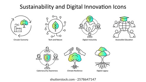 Vector icon set for Sustainable Development and Digital Empowerment. Represents concepts like climate resilience, tech inclusivity, and education access.