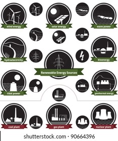 Icono vectorial de generación de energía sostenible y las tres principales fuentes de energía no renovables hoy