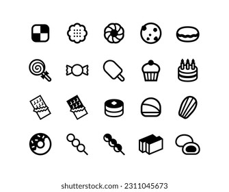 Vector icon set of sweets such as cookies, candies, chocolates and donuts