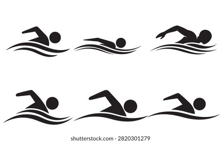 Vector icon set of swimmers in action representing various swimming styles for sports and recreational design.