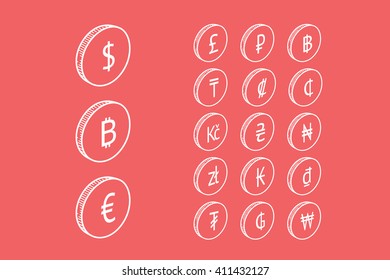 Vector icon set with symbols of world currencies on red background
