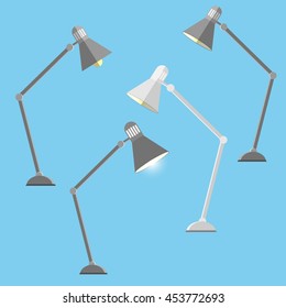 Vector icon set of table lamps in the flat style, isolated on a blue background. For graphic and web design.