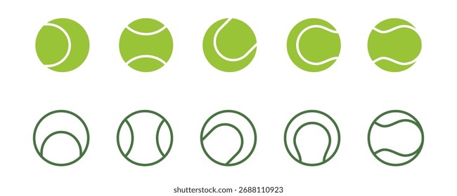 Un conjunto de íconos de Vector de pelotas de tenis y pádel, que muestra estilos de contorno y relleno para el diseño deportivo.