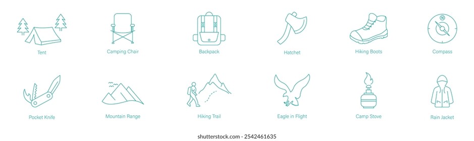 Vector Icon Set of Tent, Camp Chair, Backpack, Hatchet, Hiking Boots, Compass, Poker Knife, Mountain Range, Hiking Trail, Eagle in Flight, Camp Stove, and Rain Jacket for Outdoor Exploration