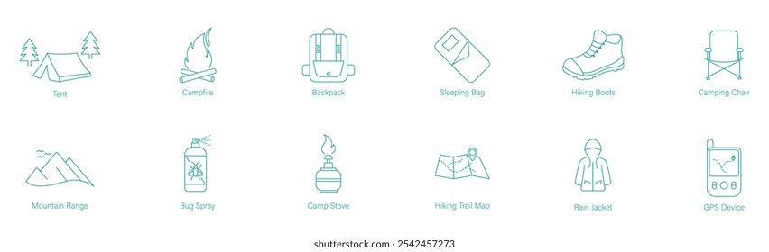 Conjunto de Vector Icon de tienda, fogata, navaja de bolsillo, palo de malvavisco, silla de camping y binocular para acampar y actividades al aire libre