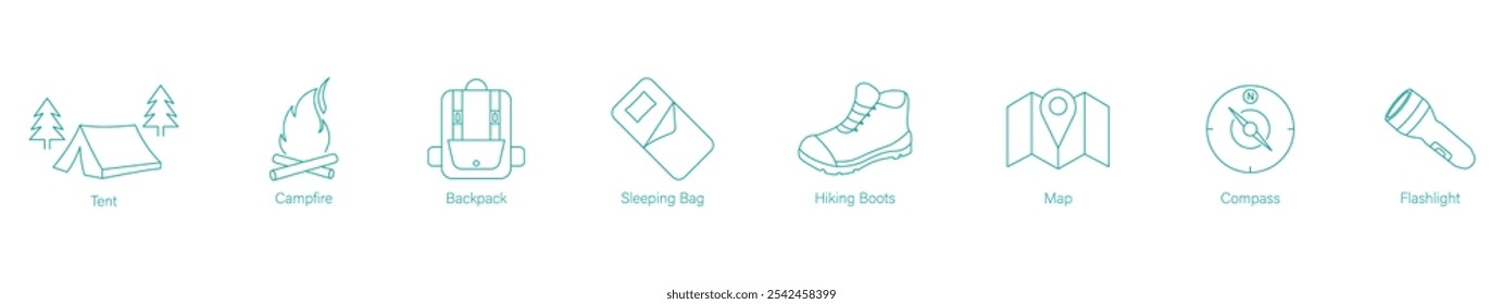 Vector Icon Set of Tent, Campfire, Backpack, Sleeping Bag, Hiking Boots, Map, Compass, Flashlight for Camping and Hiking