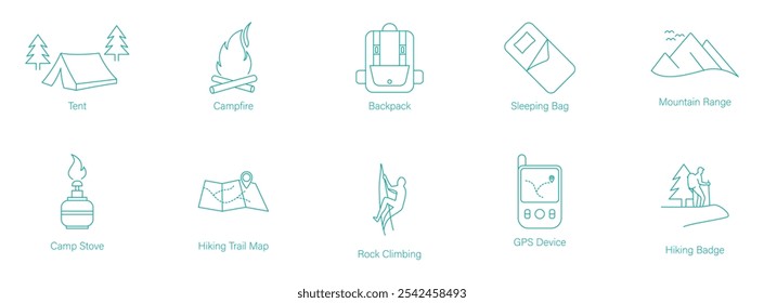 Conjunto de carpa de Vector, fogata, mochila, saco de dormir, cordillera, estufa de campamento, mapa de ruta de senderismo, escalada en roca, dispositivo GPS e insignia de senderismo para aventuras al aire libre