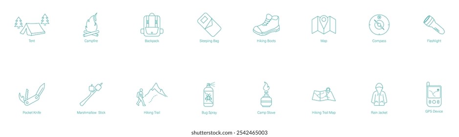 Vector Icon Set of Tent, Campfire, Backpack, Sleeping Bag, Hiking Boots, Map, Compass, Flashlight, Poker Knife, Marshmallow Stick, Hiking Trail, Bug Spray, Camp Stove, Hiking Trail Map, Rain Jacket 
