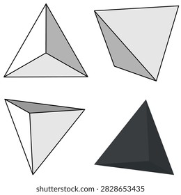Vector icon set of tetrahedrons presented in multiple spatial orientations and perspectives. Includes three light gray shaded geometric models highlighting 3D faces from various angles, alongside a dark steel-gray version representing the typical crystal habit of tetrahedrite (regular tetrahedron). Perfect for geometry, STEM education, crystallography, mineralogy, geology diagrams, and graphic design elements.