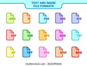 Vector icon set. Text and image file formats, line collection: pictures and words, documents, jpeg, ai, psd, doc, svg, pdf, cdr, eps, indd, txt, gif, tiff, png, bmp, raw