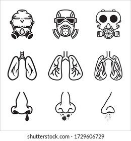 vector icon set  theme coronovirus.  lungs, virus transmission and gas mask