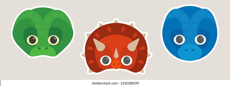 Vector icon set of three cute dinosaur faces. Collection of dinosaur masks for children.