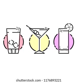 Vector icon set, three glass stemware. Black with colored backdrop stylized simple line art. Silhouettes of goblets for different drinks. Objects for logo and badges.